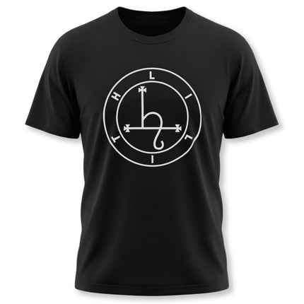 Black t-shirt featuring the white Lilith sigil. Esoteric goddess symbol for occult, pagan, and alternative apparel.