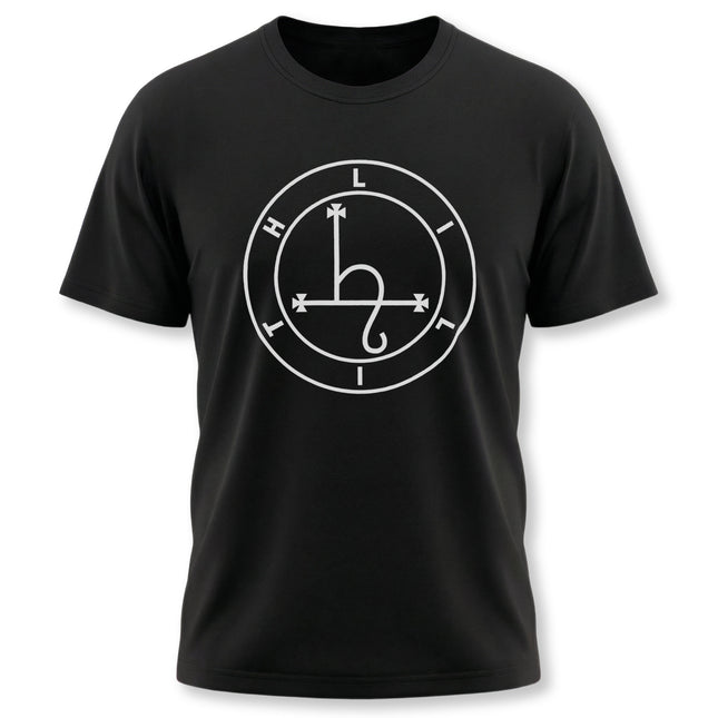 Black t-shirt featuring the white Lilith sigil. Esoteric goddess symbol for occult, pagan, and alternative apparel.