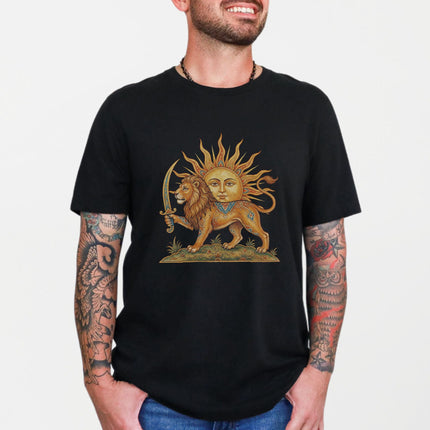 Lion and Sun emblem t-shirt featuring Persian Iranian heritage art.