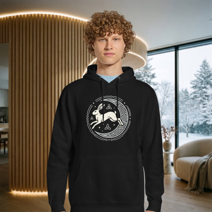 Pagan mythology hoodie featuring a celestial moon and celtic hare mandala design.