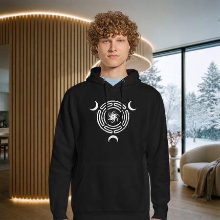 Triple Moon Goddess Strophalos design on a witchy Hekate's Wheel pullover hoodie.