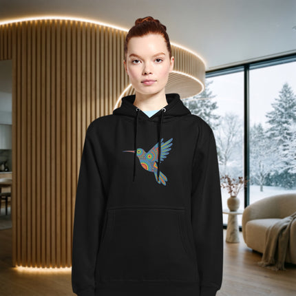 Vibrant Huichol hummingbird design printed on a cozy pullover hoodie featuring indigenous art.