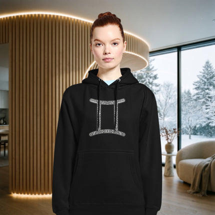 Gemini zodiac sign hoodie featuring a tribal astrology graphic print on fleece pullover.