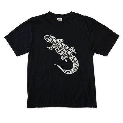 Tribal lizard swirl pattern graphic print on a unisex t-shirt.