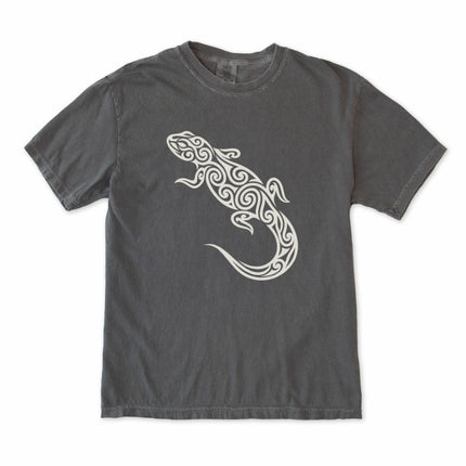 Tribal lizard swirl graphic print on a comfortable unisex t-shirt featuring ethnic patterns.