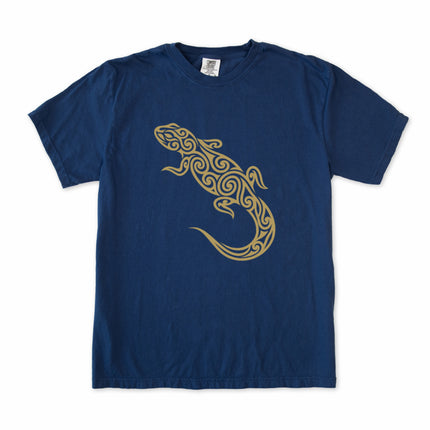 Tribal lizard swirl pattern graphic print on a unisex comfort colors t-shirt.