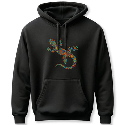 Vibrant Mexican folk art gecko graphic on a black pullover hoodie.