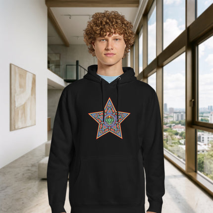 Huichol Star pattern hoodie featuring vibrant geometric indigenous art on a fleece pullover.