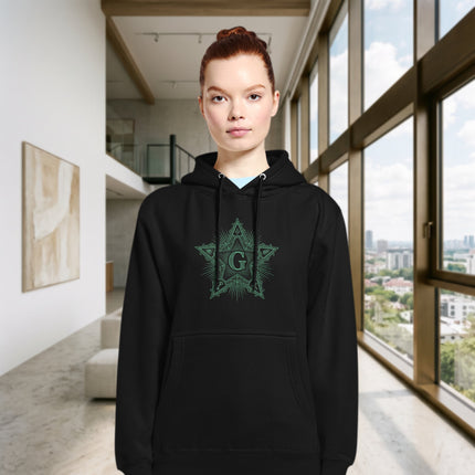 Masonic Blazing Star sacred geometry design printed on a comfortable freemasonry pullover hoodie.
