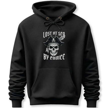 Lost At Sea By Choice pirate skull graphic on a black pullover hoodie.
