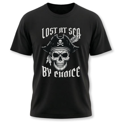 Lost at Sea by Choice pirate skull graphic t-shirt design on black fabric. Nautical adventure apparel.