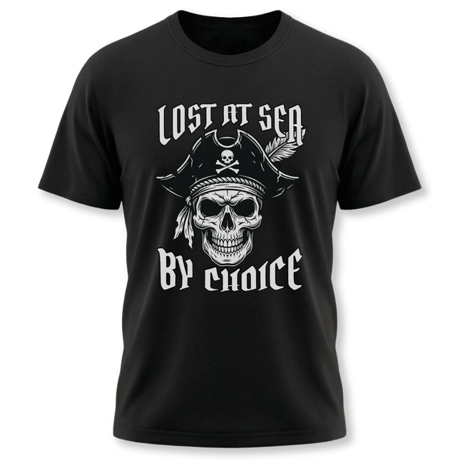 Lost at Sea by Choice pirate skull graphic t-shirt design on black fabric. Nautical adventure apparel.