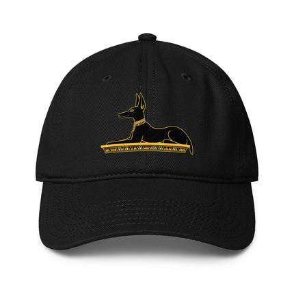 Anubis Egyptian god print baseball cap featuring ancient mythology design.