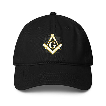 Freemason Square Compass emblem baseball cap for secret society enthusiasts.