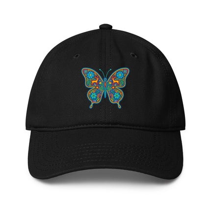 Huichol butterfly print baseball cap featuring vibrant native Mexican art design.