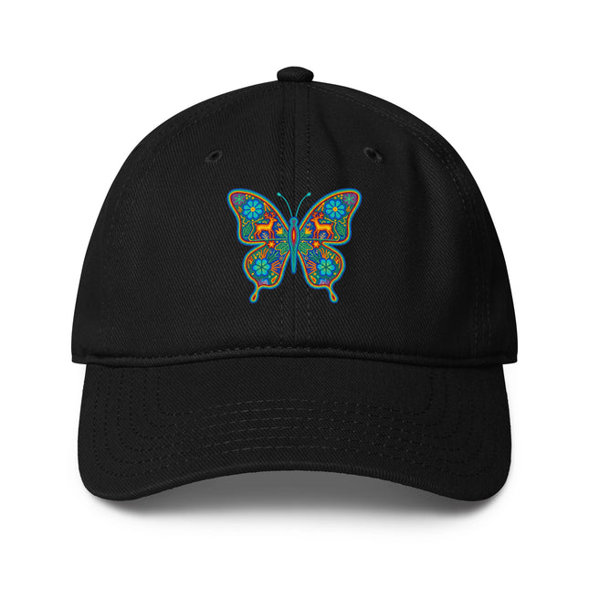 Huichol butterfly print baseball cap featuring vibrant native Mexican art design.