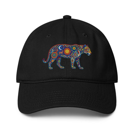 Huichol Jaguar print baseball cap featuring indigenous Mexican art design.