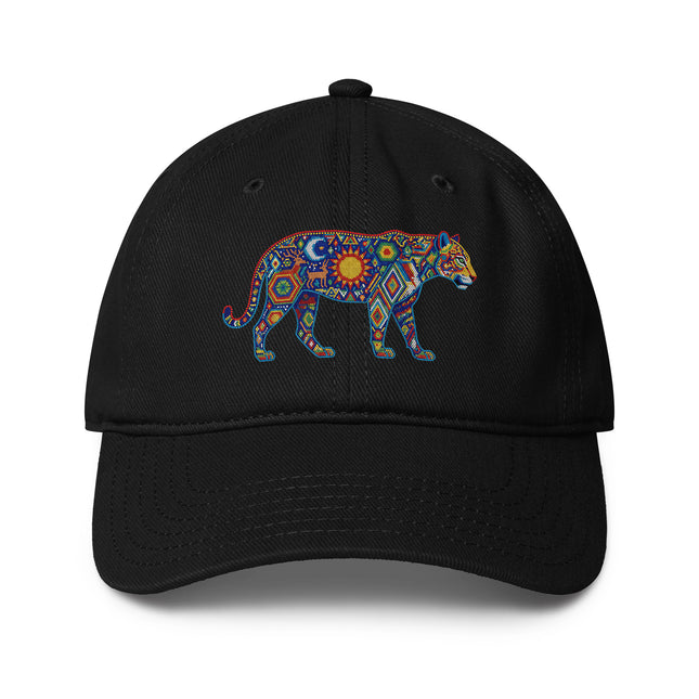 Huichol Jaguar print baseball cap featuring indigenous Mexican art design.