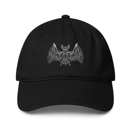Mayan culture baseball cap featuring an ancient Mayan bat graphic print.