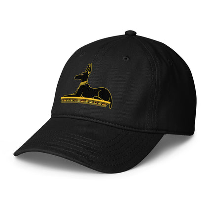 Anubis Egyptian god baseball cap featuring ancient mythology print.