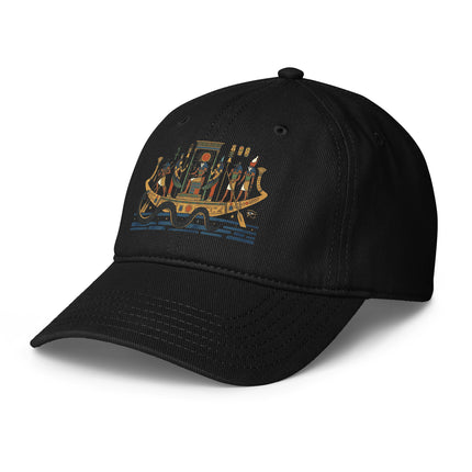 Egyptian Ra Sun God baseball cap featuring a solar barque design print.