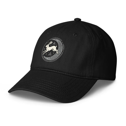Celtic hare and moon print baseball cap featuring pagan folklore design.