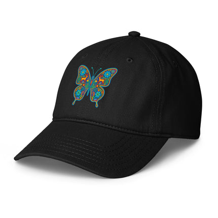 Huichol butterfly art baseball cap featuring vibrant native Mexican design.