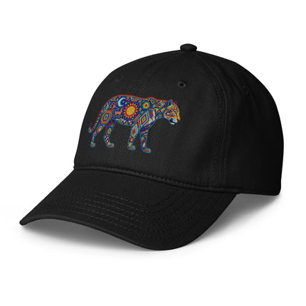 Huichol Jaguar print baseball cap featuring indigenous Mexican art design.