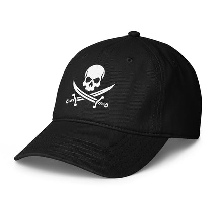 Pirate skull and crossbones baseball cap with Jolly Roger print.