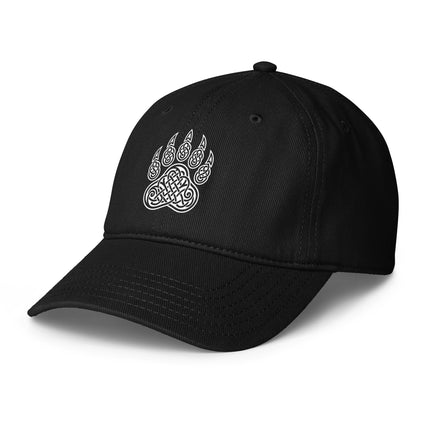 Celtic bear paw tribal knotwork art printed on a baseball cap.