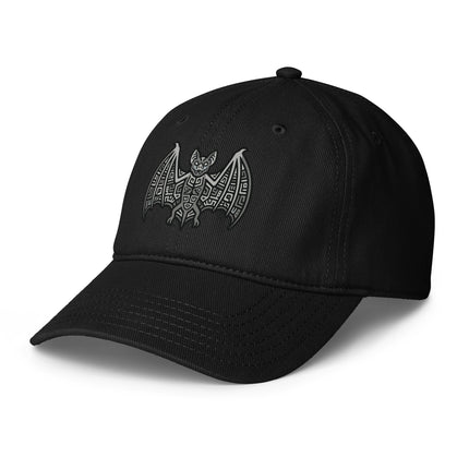 Mayan bat print baseball cap featuring ancient Mayan culture design.