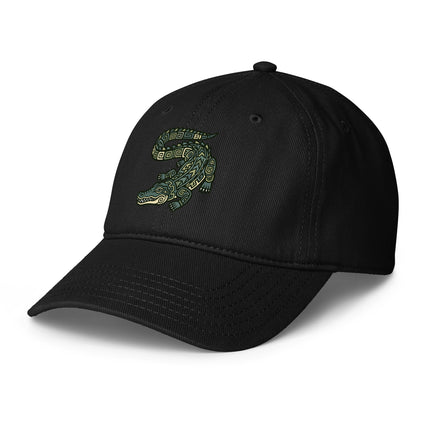 Mayan crocodile print baseball cap featuring ancient civilization art design.