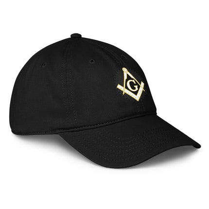 Freemason square and compass emblem baseball cap for secret society enthusiasts.