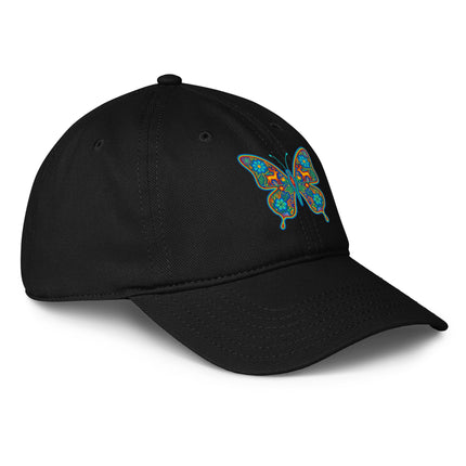 Huichol butterfly print baseball cap featuring vibrant native Mexican art design.