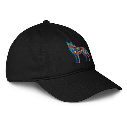 Huichol coyote print baseball cap featuring indigenous Mexican art design.