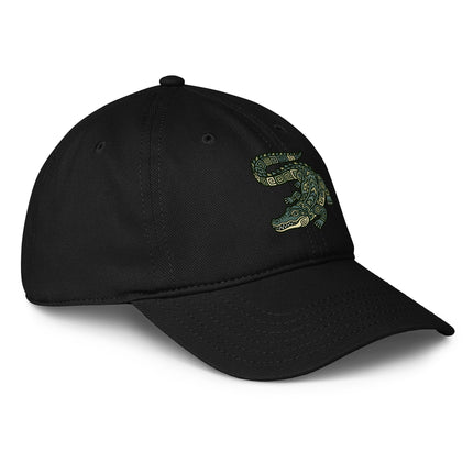 Mayan crocodile print baseball cap featuring ancient civilization art design.