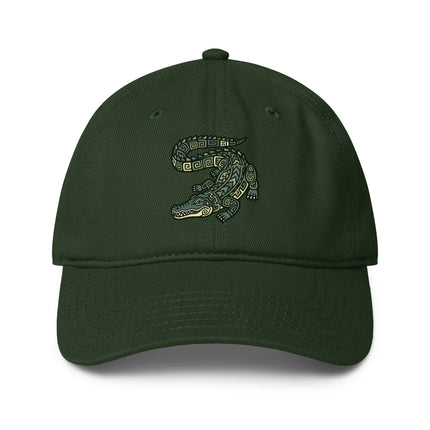 Mayan crocodile print baseball cap featuring ancient civilization art.