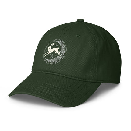 Pagan folklore baseball cap featuring a celtic hare and crescent moon design print.