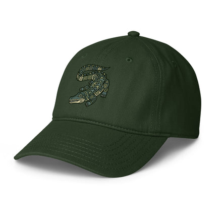 Mayan crocodile art baseball cap with ancient civilization print.