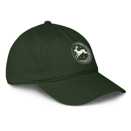 Celtic hare and moon print baseball cap, pagan folklore style.