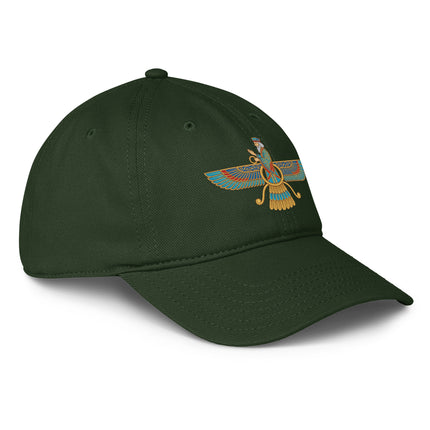 Faravahar symbol baseball cap featuring ancient Iranian Zoroastrian art design.