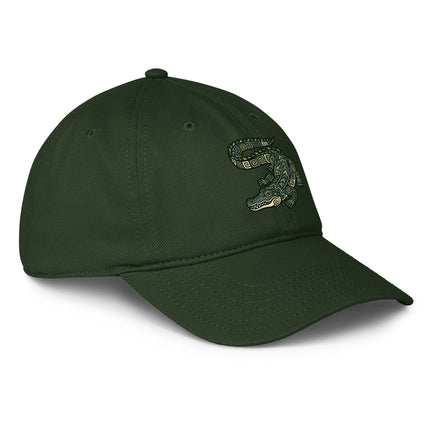 Mayan crocodile print baseball cap featuring ancient civilization art design.