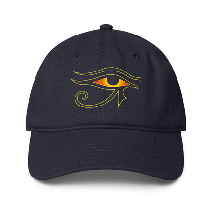 Eye of Ra ancient Egyptian print baseball cap featuring symbolic hieroglyphs.