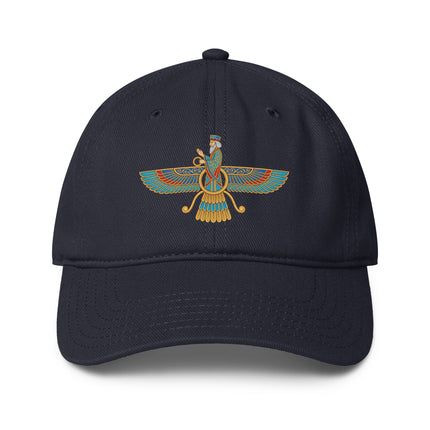 Faravahar symbol baseball cap with ancient Iranian Zoroastrian art print.