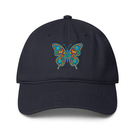 Huichol butterfly art baseball cap featuring vibrant native Mexican print design.