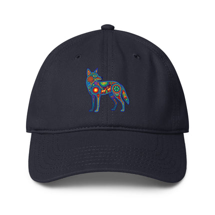 Coyote print baseball cap featuring vibrant Huichol indigenous Mexican art design.