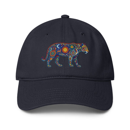 Huichol Jaguar print baseball cap featuring vibrant indigenous Mexican art design.