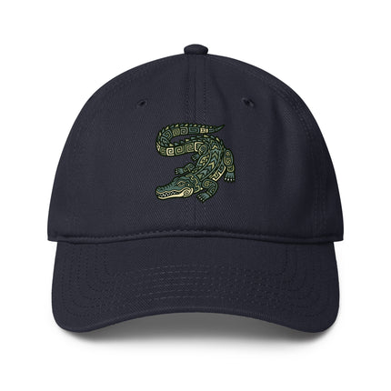 Mayan crocodile print baseball cap featuring ancient civilization art design.