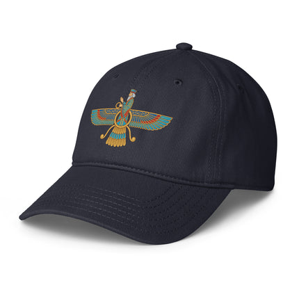 Faravahar symbol baseball cap, featuring ancient Iranian Zoroastrian art design.
