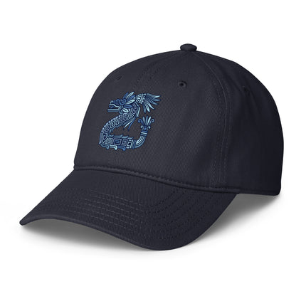 Aztec feathered serpent baseball cap featuring Quetzalcoatl print design.